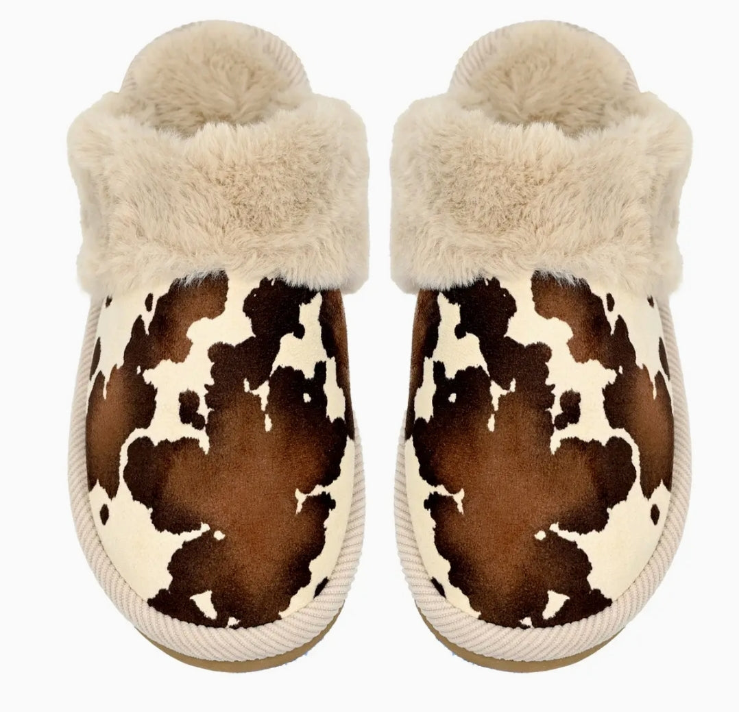 C.C Beanie Cow Print Faux Fur Slippers (Brown)