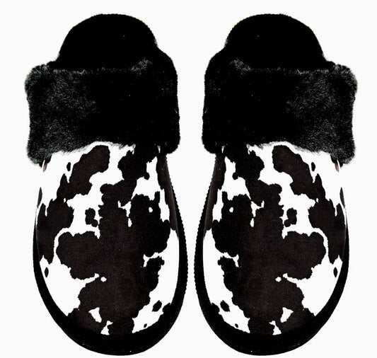 C.C Beanie Cow Print Faux Fur Slippers (Black)